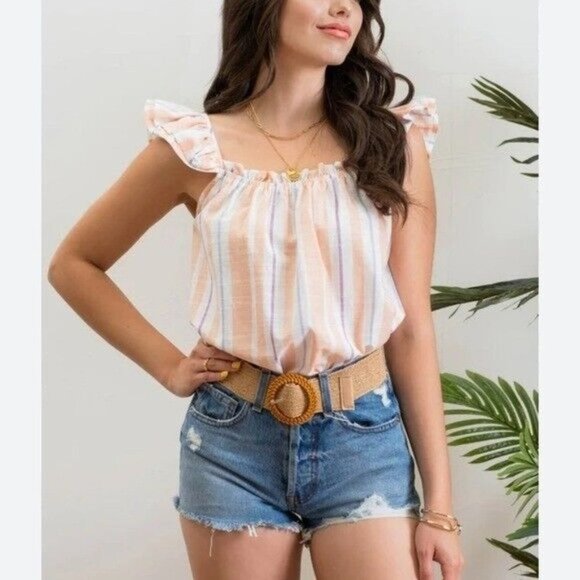 mine Tops - Mine Clara Multi Striped Top - Coral Women’s Size Medium NWT